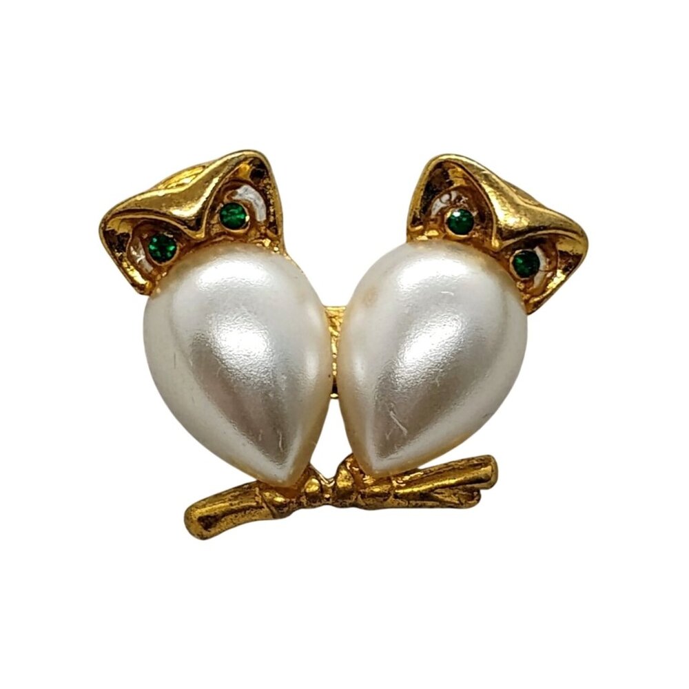Vintage MCM Double Owl Brooch Green Rhinestone Eyes w/Faux Pearl Jelly Belly